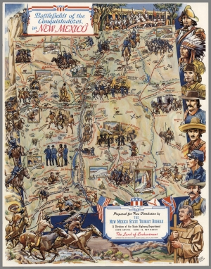 NM State Tourist Bureau Map &quot;Battlefields of the Conquistadores in New Mexico&quot; - 1942